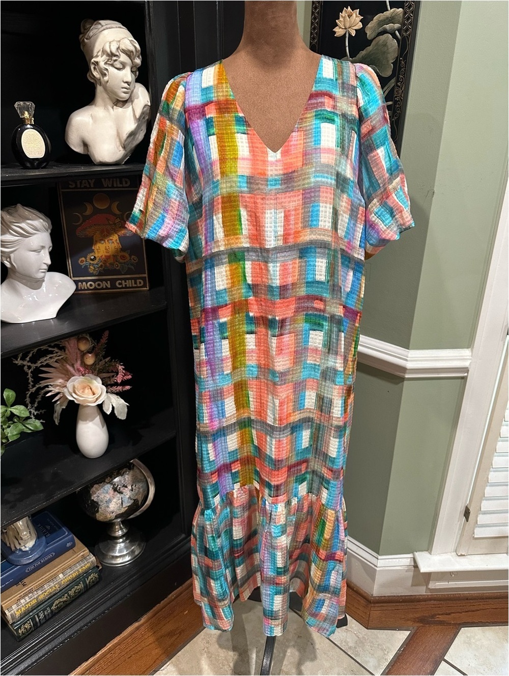 Marie Oliver Plaid Check Linen Viscose Silk Blend Tent Dress